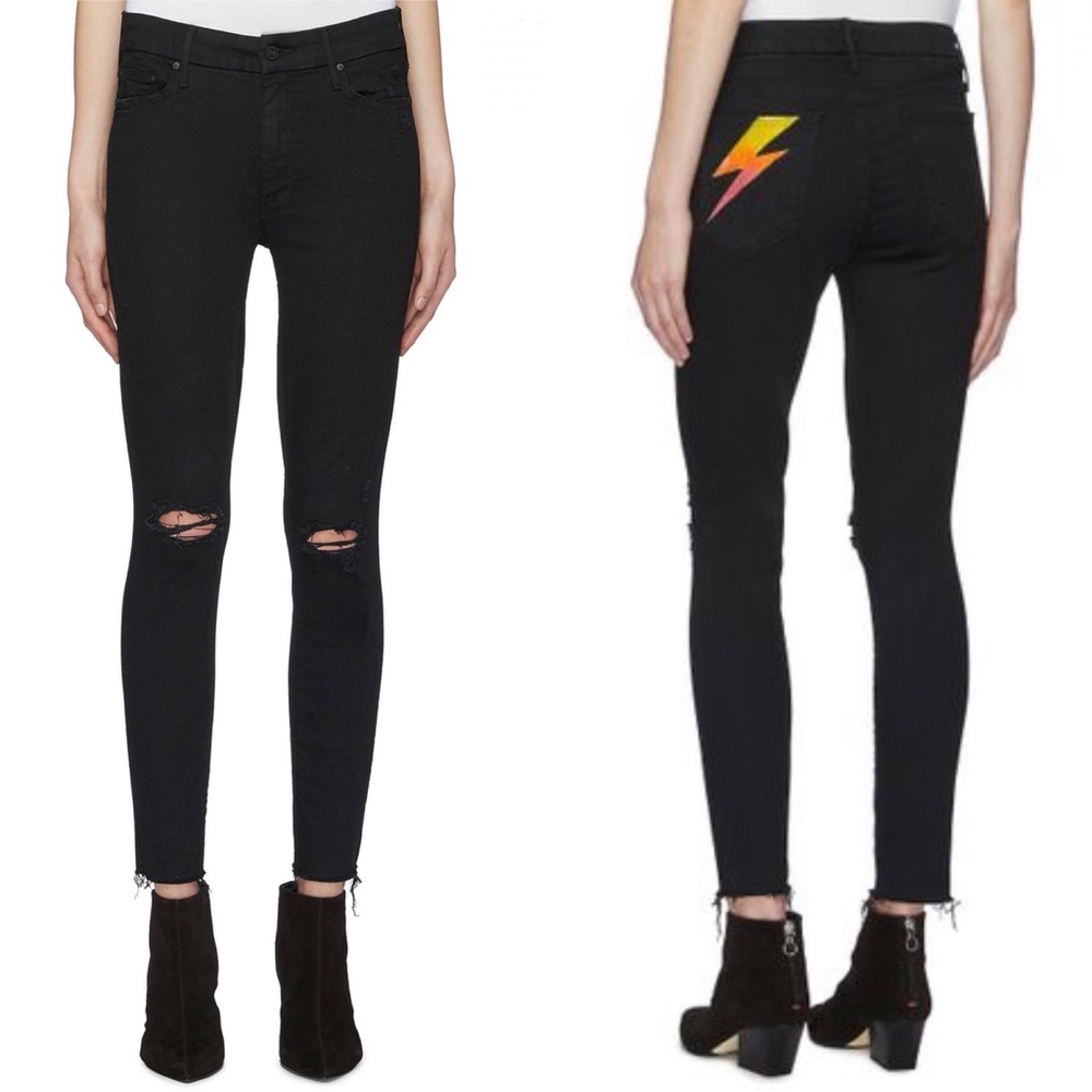 Mother Denim Black Looker Ankle Fray Gold Bolt 25